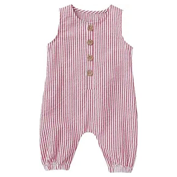 Baby Seersucker Sleeveless Jumpsuit Striped Romper Red & White 9-12 Months NEW! - Picture 1 of 13